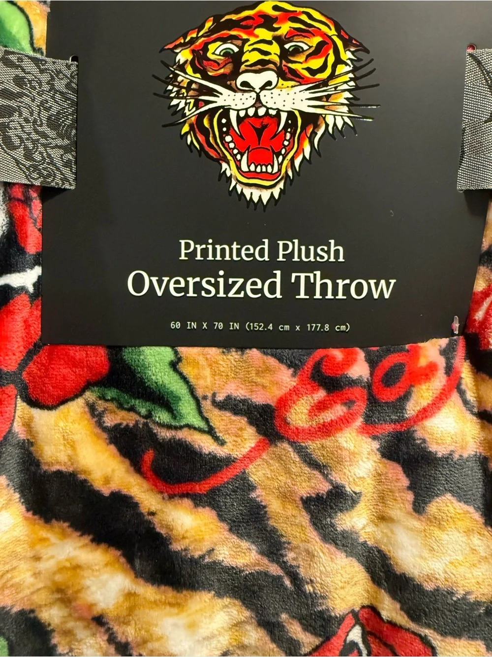 Ed Hardy Oversized Printed Plush Throw Blanket Tiger stripes roses NWT